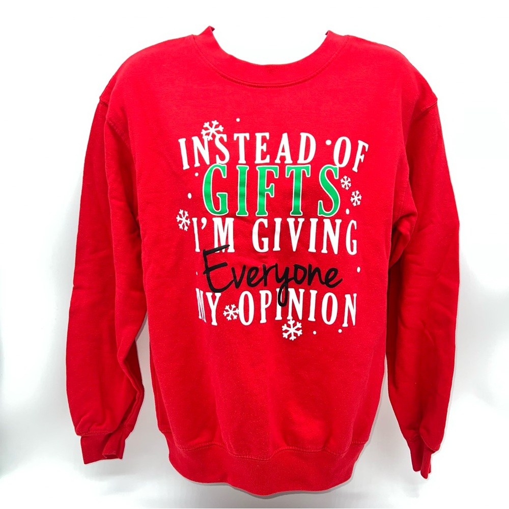 Wound Up Red Crewneck Sweater with Festive Holiday Christmas Print-Size XS